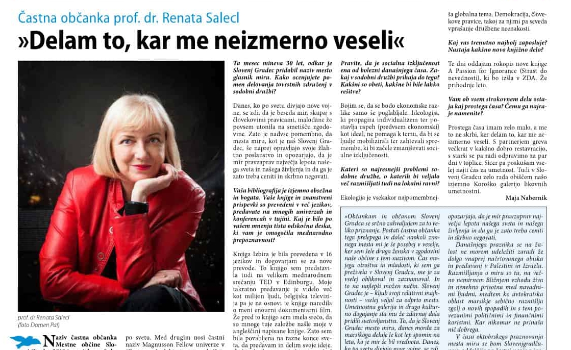 Renata Salecl častna občanka občine Slovenj Gradec