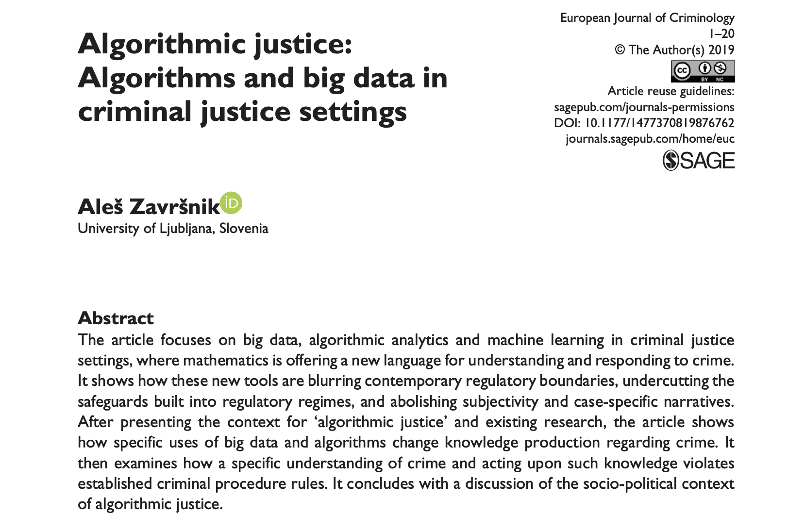 Aleš Završnik – Algorithmic justice: Algorithms and big data in criminal justice settings