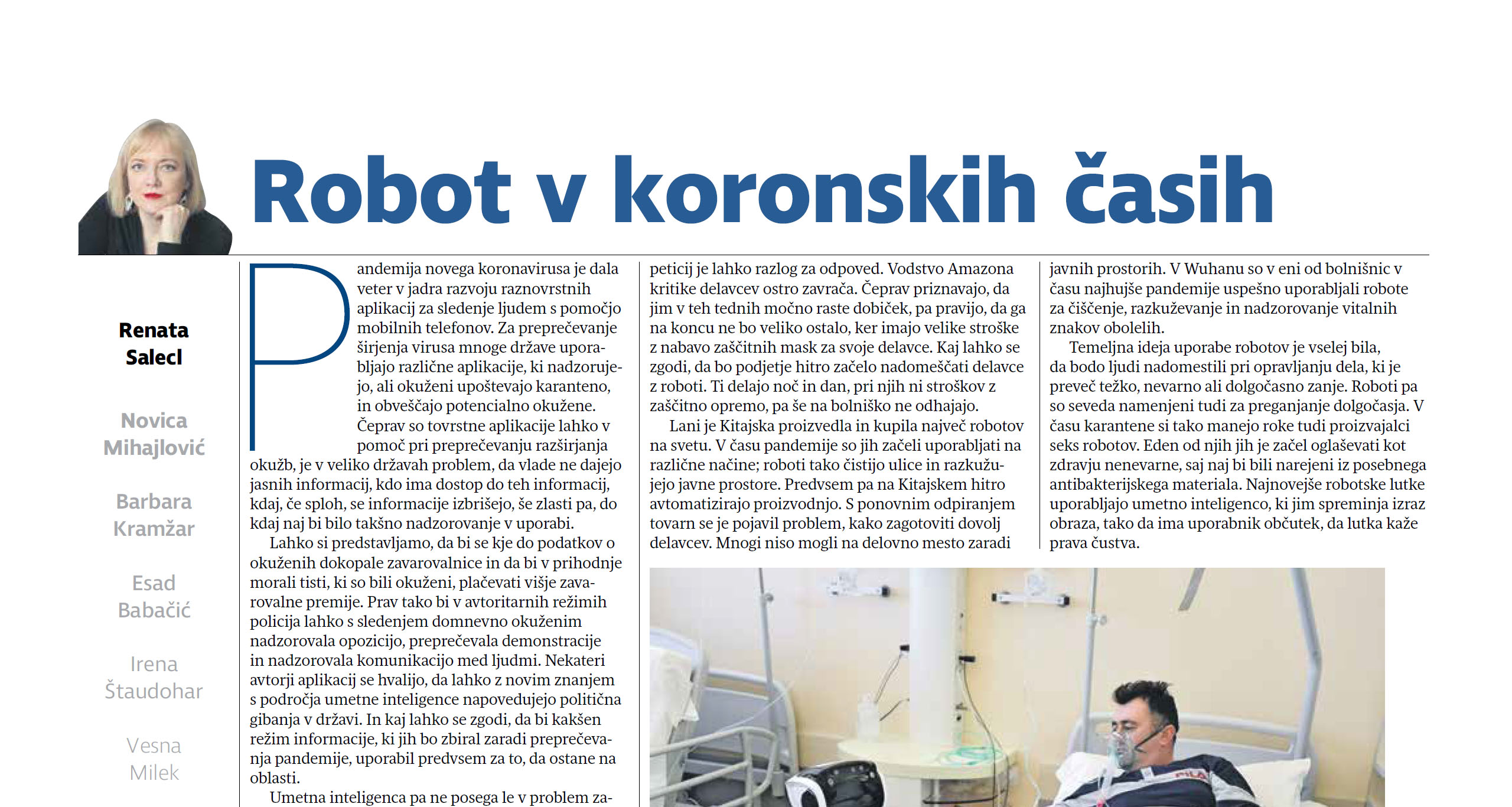 Prispevek dr. Renate Salecl v Sobotni prilogi dela: Robot v koronskih časih